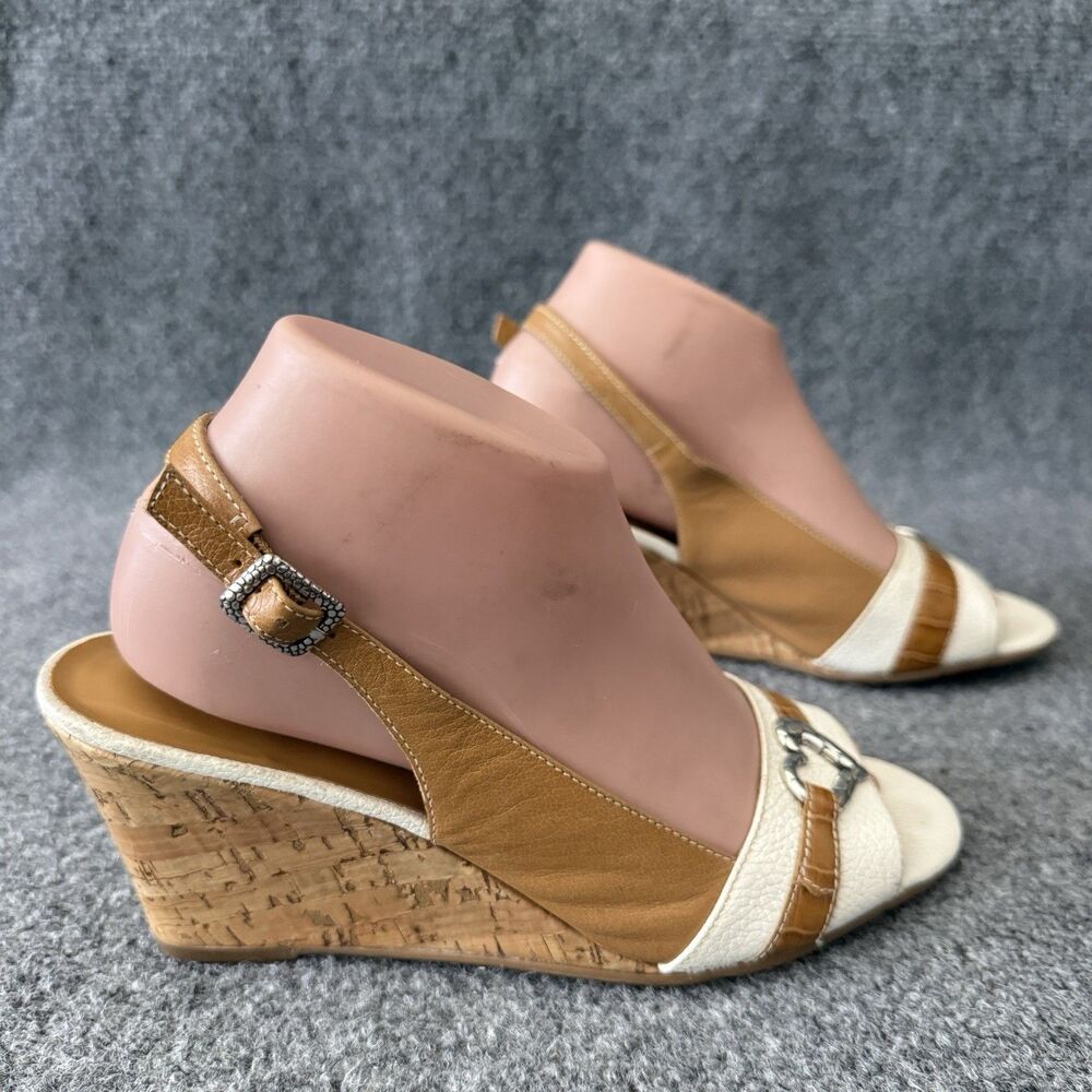 Brighton Rally Women's Wedge Sandals Brown White Leather Cork Heels Open Toe 9 M